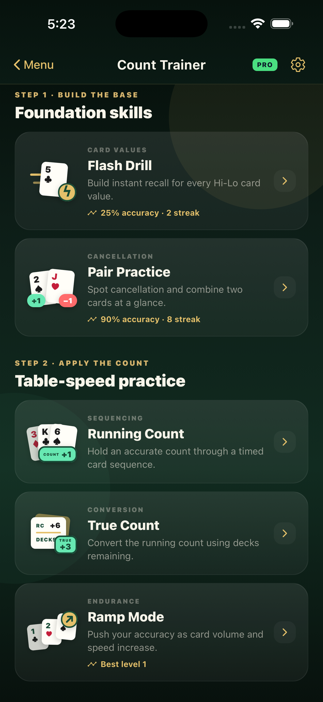 TwentyOne card counting trainer menu